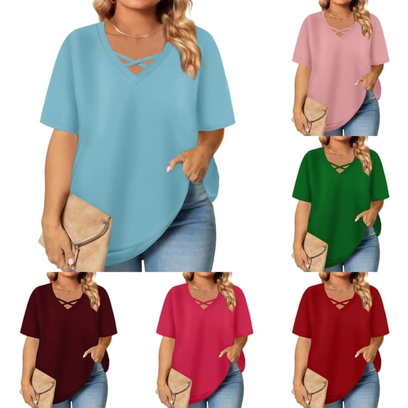 Auralook Womens Solid Tops Short Sleeve V Neck Shirts Loose Casual Blouses Summer Tees Criss Cross Blouses