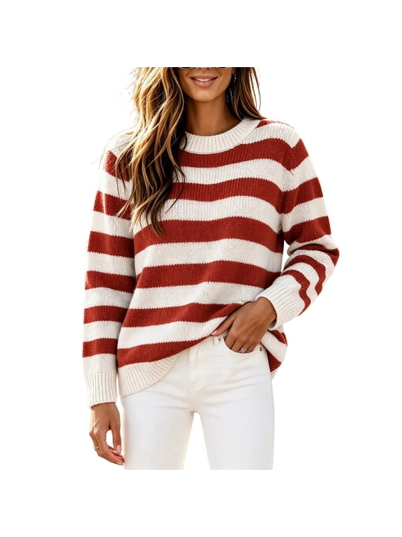 Womens Striped Print Crewneck Sweater Long Sleeve Knit Pullover Fall Winter Color Block Base Sweater Blouses