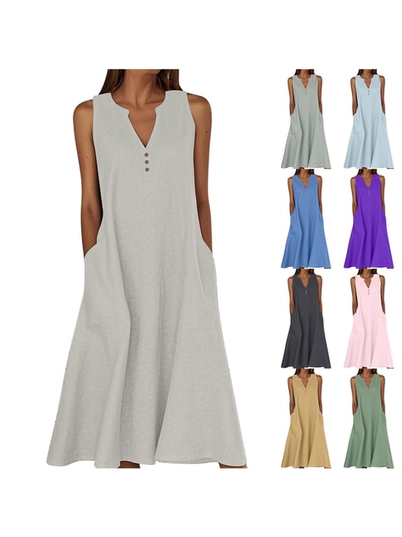 Womens Summer Casual Maxi Dresses Sleeveless Long Beach Dresses V Neck Loose Sundresses with Pockets,Blue,XXXL