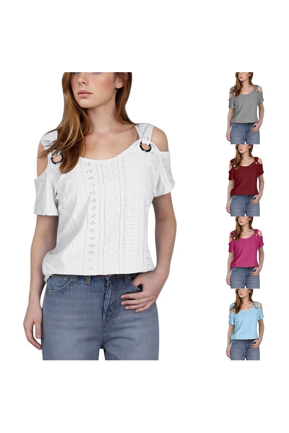 Womens Summer Cold Off Shoulder Tops 2026 Solid Casual Cute Short Sleeve Loose Fit T Shirts Blouse