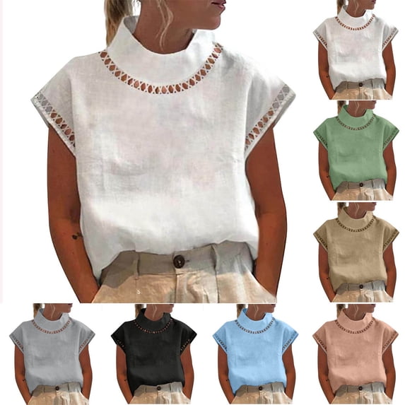Auralook Womens Summer Solid Crewneck Lace Flowy Short Sleeve Casual Shirts Blouses Tops Breathable Sleeveless T-Shirt