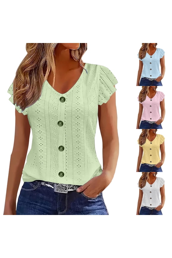 Womens Summer Tops V Neck Short Sleeve Shirts Solid Color Leaf Sleeve Blouse Button Tshirts Clothes