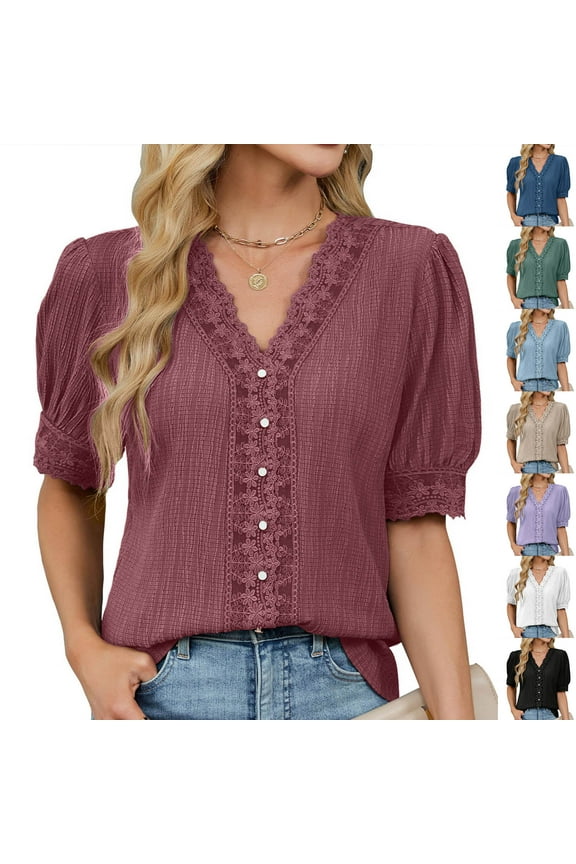 Womens Summer Tops V Neck Short Sleeve Solid Lace Shirts Casual Blouses Flowy Boho Clothing