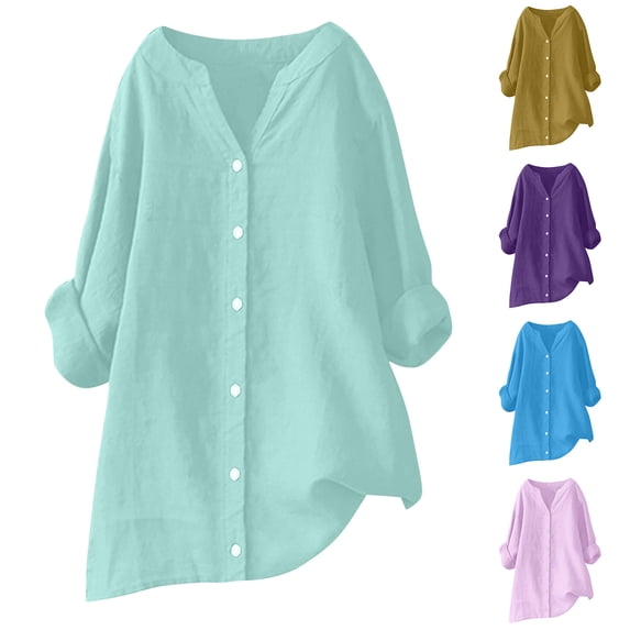 Auralook Womens Summer V Neck Button Down Shirts Long Sleeve Cotton Linen Button Up Shirt Linen Casual Loose Tops Blouses