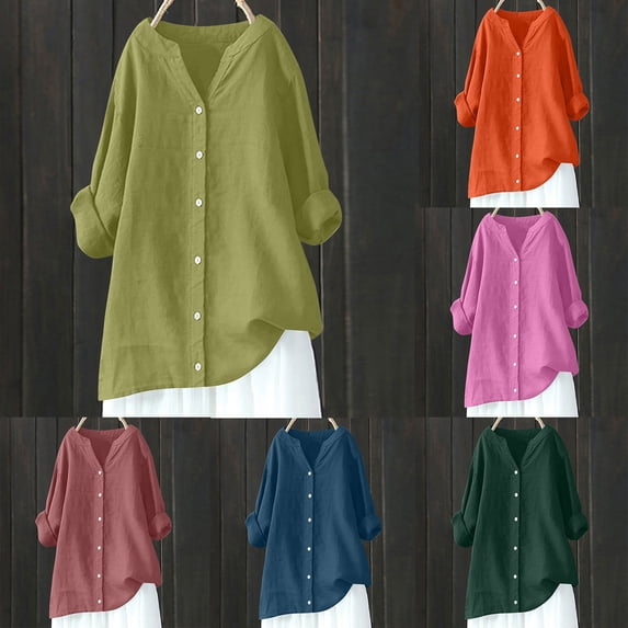 Auralook Womens Summer V Neck Button Down Shirts Long Sleeve Cotton Linen Button Up Shirt Linen Casual Loose Tops Blouses