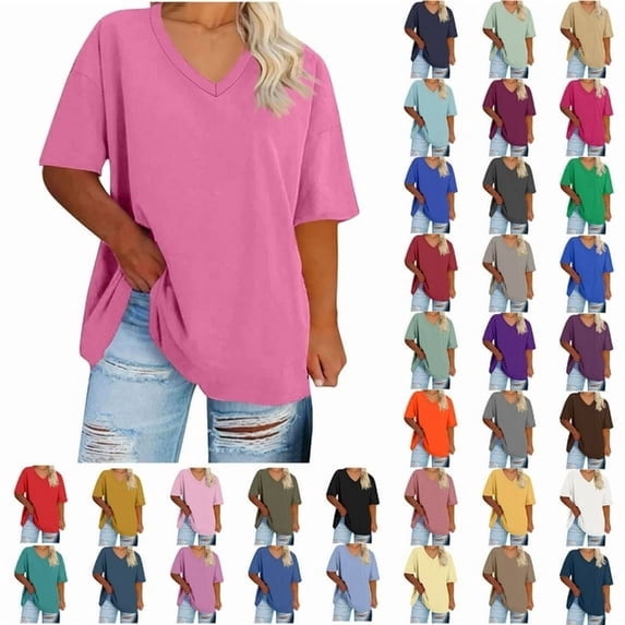 Auralook Womens V Neck Solid Plus Size T Shirts Oversized Loose Fit Short Sleeve Tops Casual Summer Vacation 2026