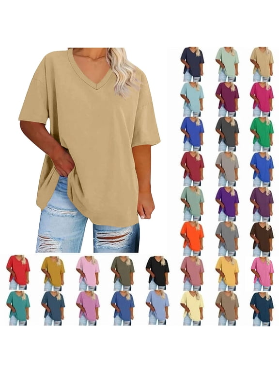 Womens V Neck Solid Plus Size T Shirts Oversized Loose Fit Short Sleeve Tops Casual Summer Vacation 2026