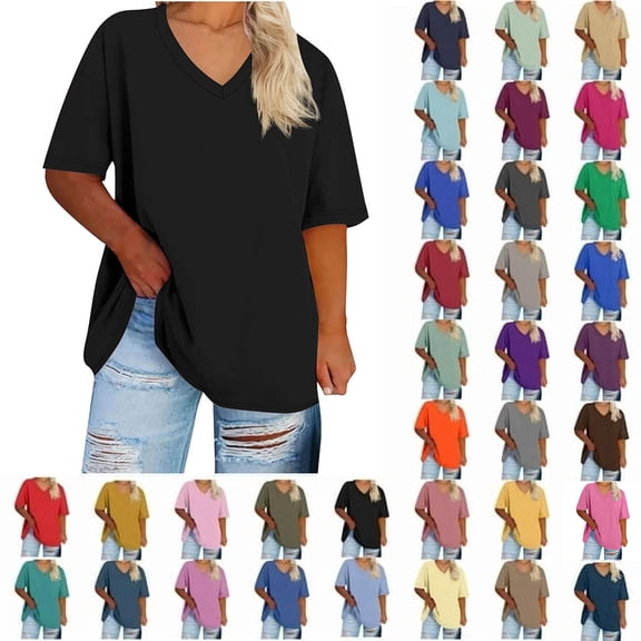 Auralook Womens V Neck Solid Plus Size T Shirts Oversized Loose Fit Short Sleeve Tops Casual Summer Vacation 2026