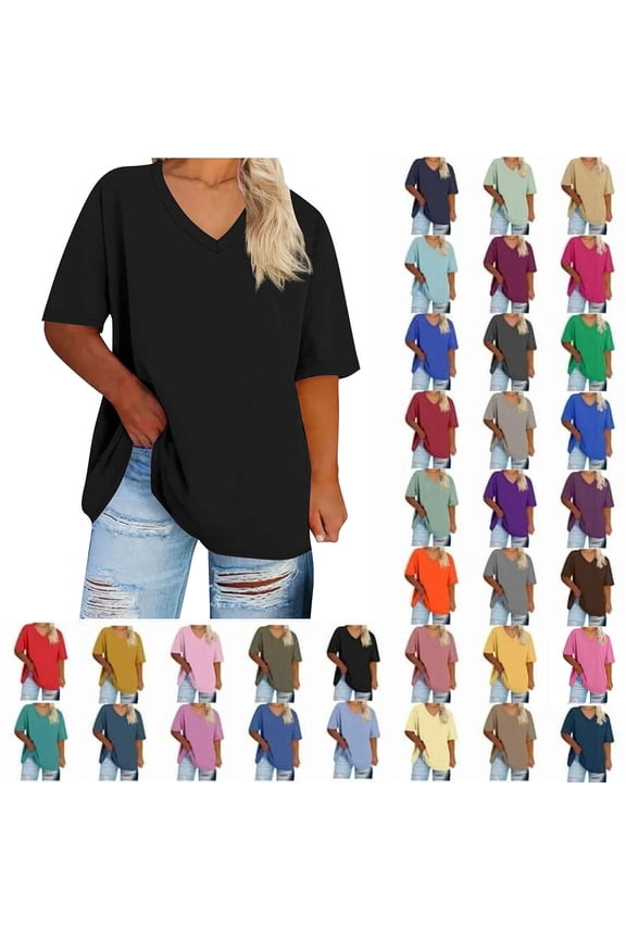 Womens V Neck Solid Plus Size T Shirts Oversized Loose Fit Short Sleeve Tops Casual Summer Vacation 2026
