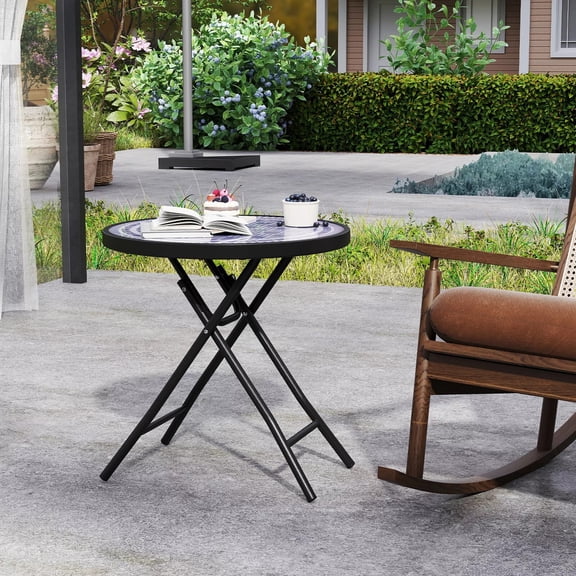 Auranook 2 PCS 18" Folding Side Table Round Compact Coffee Table w/Tempered Glass
