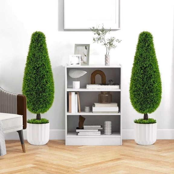 Auranook 2 Pack Artificial Cedar Plant, 3 FT Potted Teardrop Shaped Bush w/Premium PE Leaves, Metal Trunk, Indoor & Outdoor Faux Topiary Plant for Home, Office, Doorway