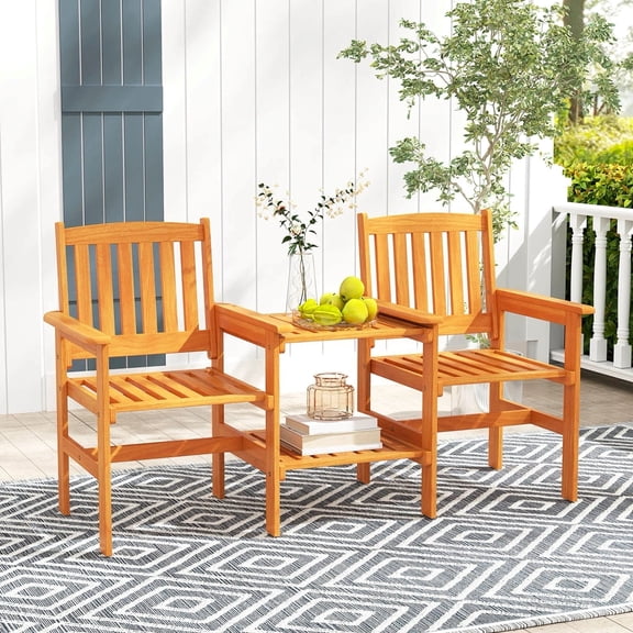 Auranook 2-Seater Outdoor Patio Furniture Set,Outdoor Wood Bench Loveseat with Built-in Table, Patio Table and Chairs Set