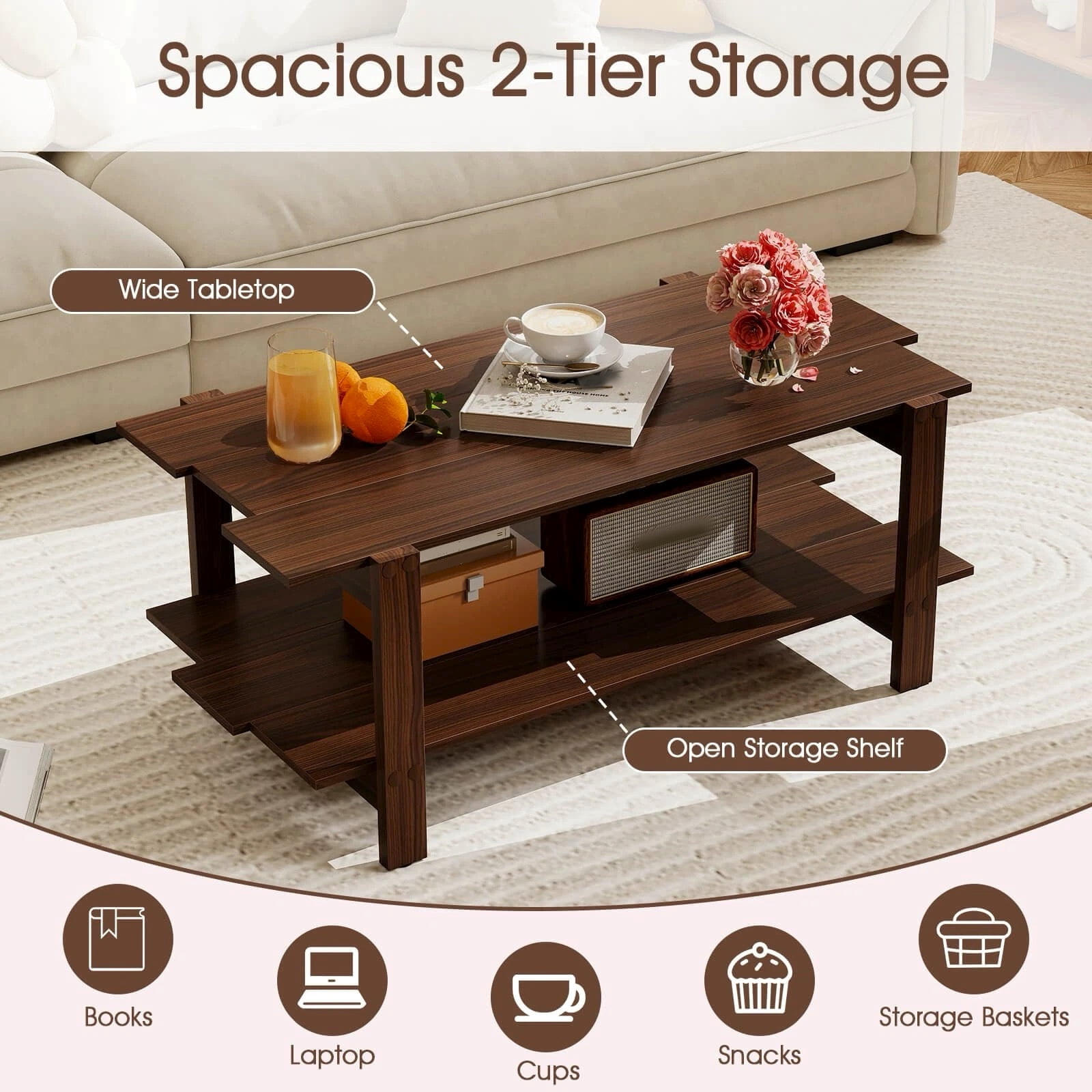 Auranook 2-Tier Coffee Table Irregular Center Table w/ Open Storage Shelf Cocktail Table