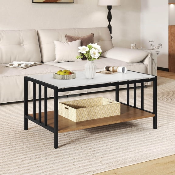 Auranook 2-Tier Rectangular Coffee Table w/Rock Slab Tabletop Open Shelf for Living Room