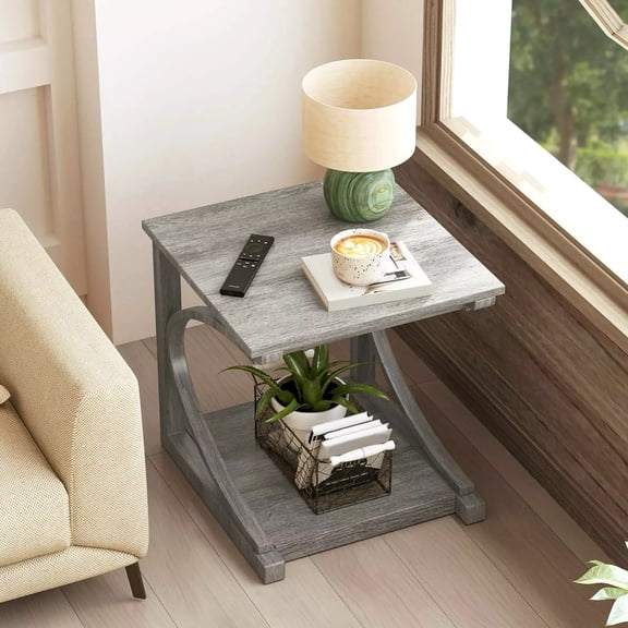 Auranook 24" Side End Table with Storage Shelf & Rubber Wood Frame for Small Space