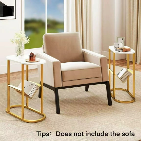 Auranook 2PCS End Table w/ Faux Marble Tabletop & Magazine Holder Heavy-duty Metal Frame