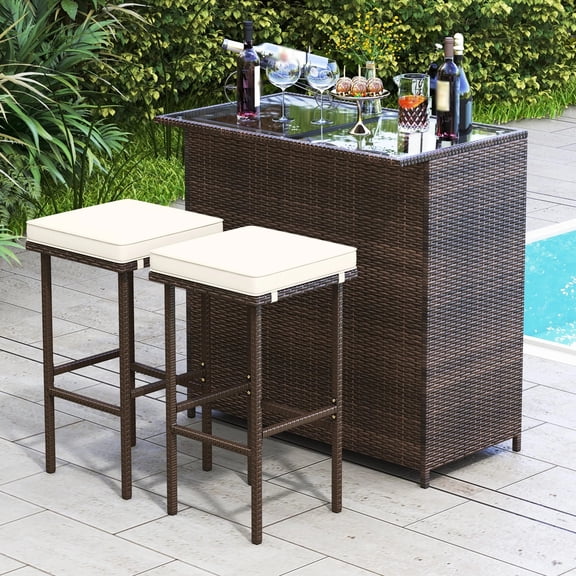 Auranook 3 PCS Patio Bar Set w/ Tempered Glass Tabletop 2-Tier Storage Removable Cushions