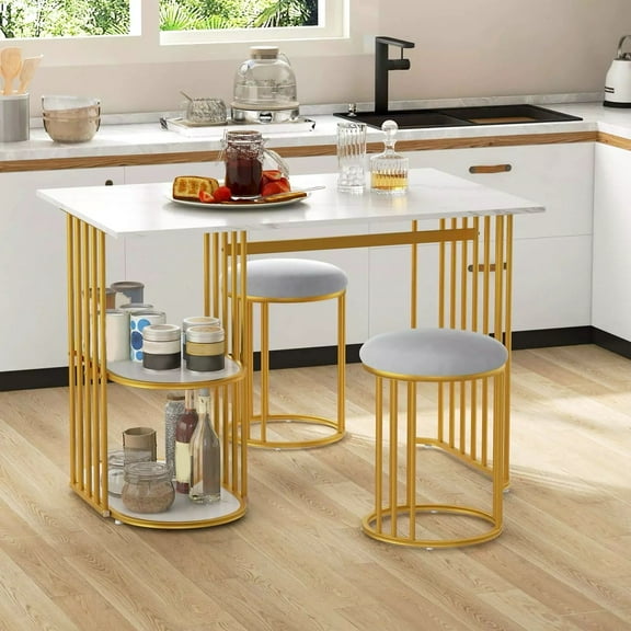 Auranook 3 Piece Dining Table Set with 2 Stools, Rectangular Dining Table for 2 with 2-tier Storage Shelf, Upholstered Seat, Faux Marble Top, Metal Frame, Kitchen Table