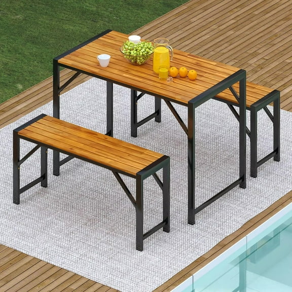 Auranook 3-Pieces Patio Dining Set for 4 People, Outdoor Picnic Table & 2 Benches, 44" Acacia Wood Dining Table w/ Metal Frame, Space-Saving Dinette Set