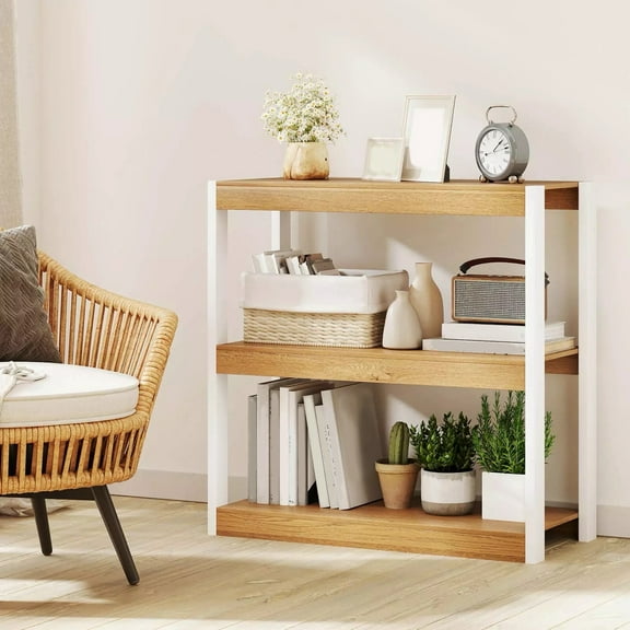 Auranook 3 Tier Open Bookshelf, Freestanding Wooden Bookcase with Front & Back Edges, Storage Shelves, 2 Anti-toppling Devices