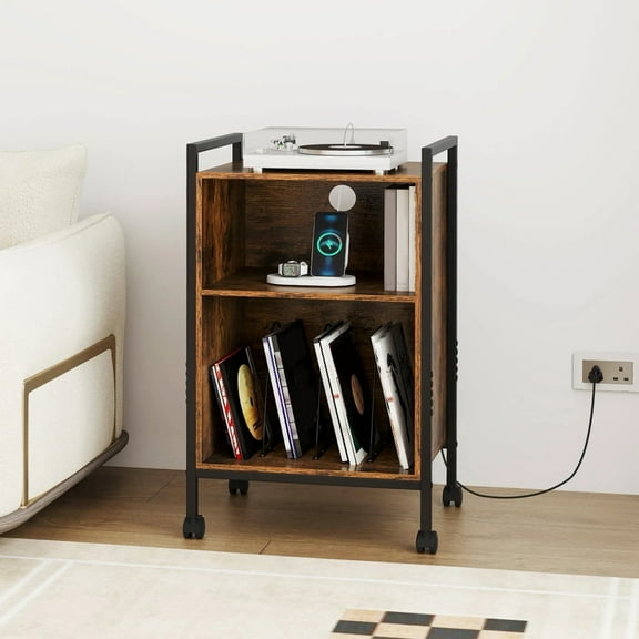 Auranook 3-Tier Rolling Record Player StandOpen lattice with wheels, Metal Dividers Open Shelves for Bedroom