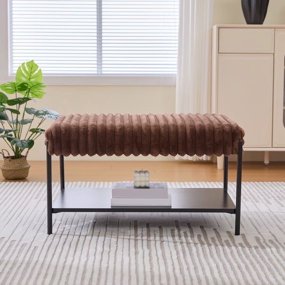 Auranook 30.7" Wide Upholstered Ottoman Coffee Table Foot Rest with Metal Legs and Open Storage, Faux Fur, Brown
