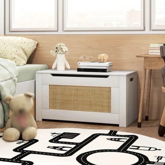 Auranook 31.5" Toy Chest for Kids Rattan Toy Storage Box with Flip Top Lid & Safety Hinge