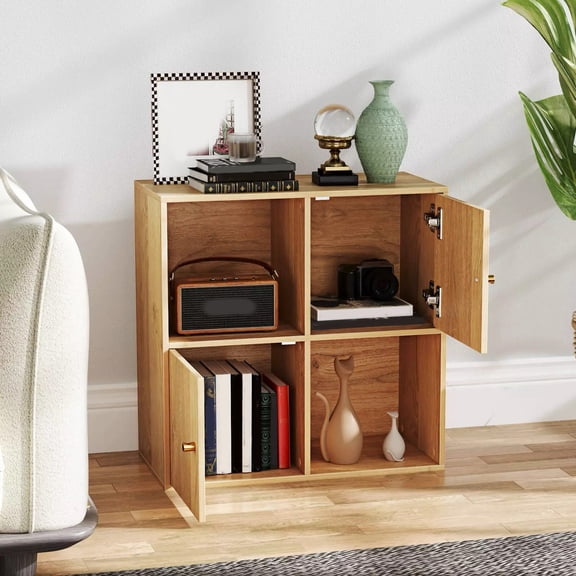 Auranook 4-Cube Bookcase with Dual Anti-Tipping Kits & 2 Cabinets Storage Organizer