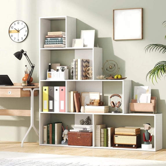 Auranook 4-Tier Bookshelf with 6 Storage Cubes 64" Tall Modern Geometric Stair Bookcase
