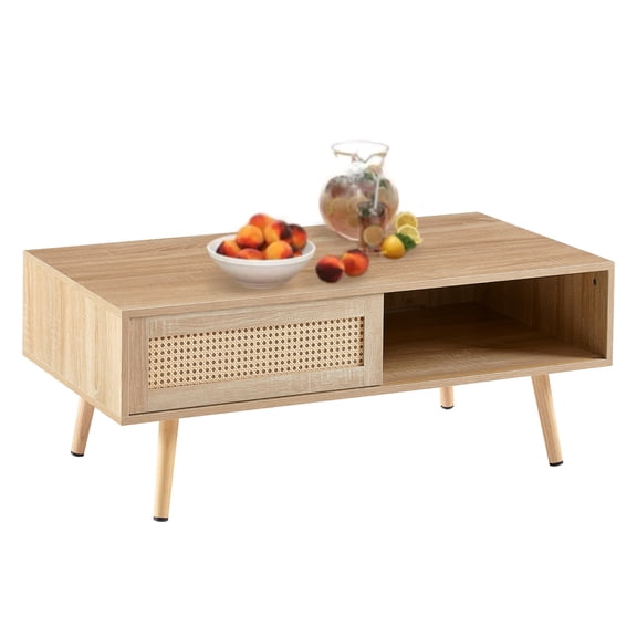 Auranook 41.34" Rattan Coffee Table, Sliding Door for Storage, Solid Wood Legs, Modern Table for Living RoomNatural