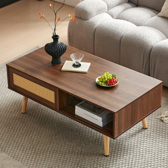 Auranook 41.34" Rattan Coffee Table, Sliding Door for Storage, Solid Wood Legs, Modern Table for Living RoomWalnut