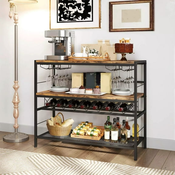 Auranook 41" Wine Rack, Freestanding Wine Bar Table w/4 Glass Holders, Wide Countertop, Middle & Bottom Storage Shelves, Industrial Wine Bottle Holder
