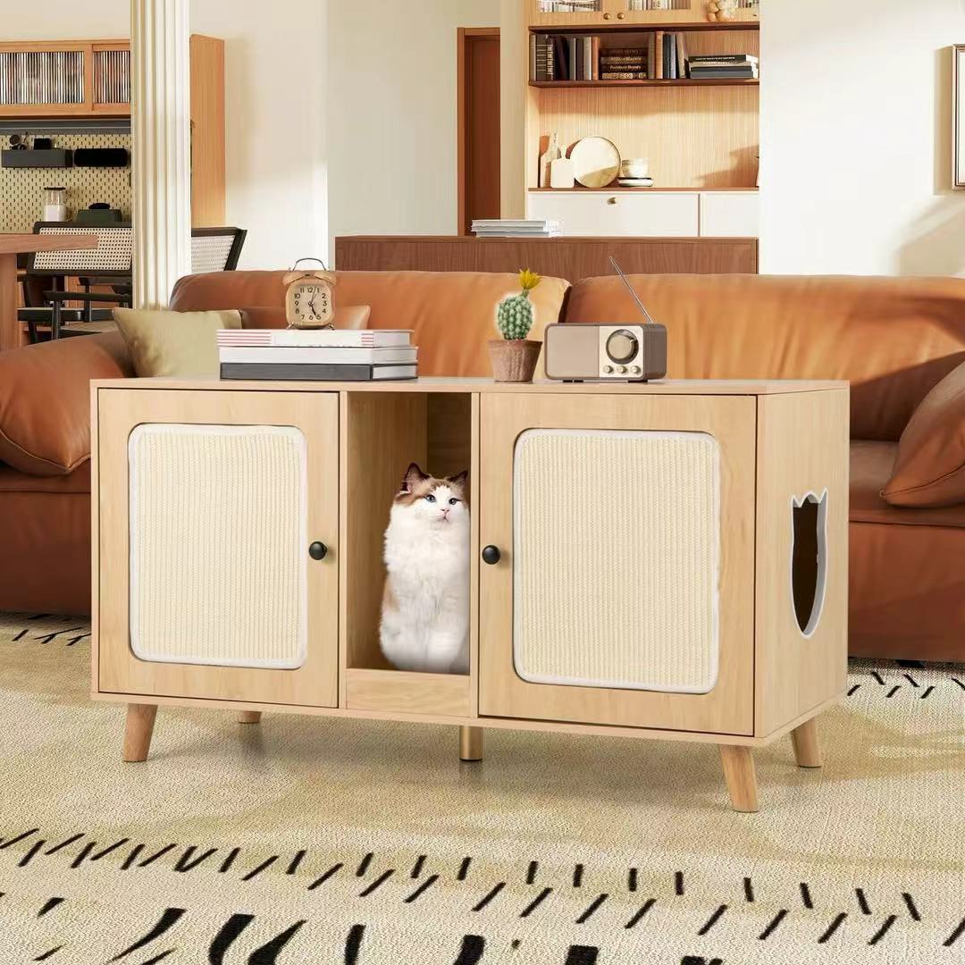 Auranook 43" Cat Litter Box Enclosure for 2 Cats w/ Double Rooms 2 Sisal Scratching Mats