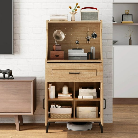 Auranook 45.5" Kitchen Pantry Cabinet, Rattan Buffet Sideboard with Hutch, Metal Legs,DIY Pegboard, Adjustable Shelves,Microwave Stand Coffee Bar Storage Cabinet for Kitchen Dining Room, Living Room