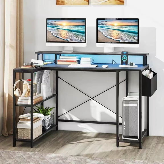 Auranook 48" L-Shaped Gaming Desk w/LED Lights & Power Outlets Storage Shelves