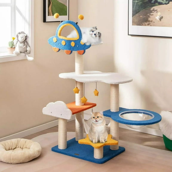 Auranook 49" Tall Cat Tree, Space-Themed Multi-Level Cat Kitten Tower w/ UFO Top Perch, Space Capsule, Sisal Scratching Posts, Cloud & Star Platforms