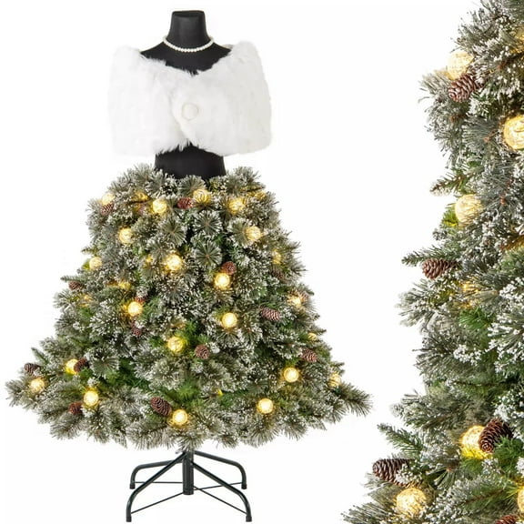 Auranook 5 FT Artificial Mannequin Tree, Dress Form Xmas Tree with 465 Branch Tips, 50 Warm White LED Lights, Natural Pine Cones, Necklace & Plush Shawl, Pre-Lit Christmas Tree for Studio