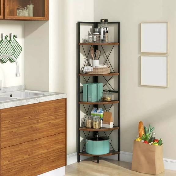Auranook 5-tier Corner Display Rack, Corner Ladder Bookshelf w/ Sturdy Metal Frame, Anti-tipping Kits