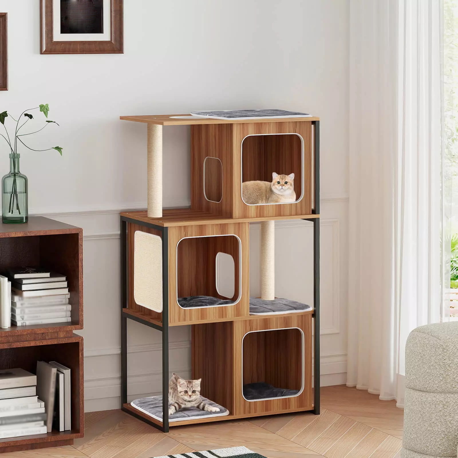 Auranook 52" Tall Wooden Cat Tree w/ Metal Frame, 3 Condos, Sisal Scratching Posts & Board, Washable Cushions, Multi-Level Tower for Large Indoor Cats & Kittens