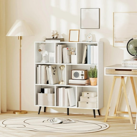 Auranook 8 Cube Bookcase 3-Tier Modern Storage Organizer with 5 Metal Legs Bookshelves