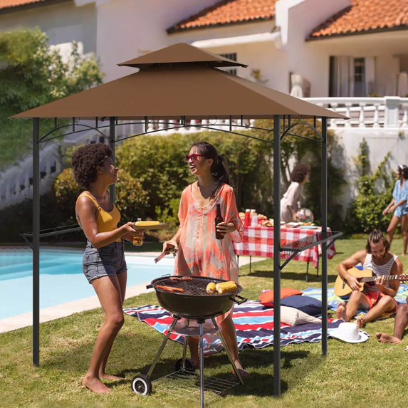 Auranook 8' x 5' Grill Gazebo, Outdoor Double-Tiered Grill Canopy w/ 2 Shelves, 7 Hooks, Metal Frame, Soft Top, Barbecue Picnic Patio Canopy Tent