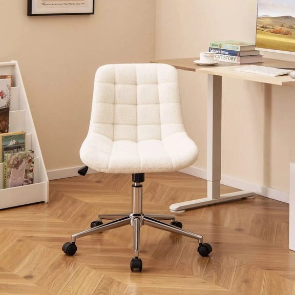 Auranook Armless Office Chair, Teddy Fleece Makeup Vanity Chair w/ Adjustable Height & Wheels, Boucle Upholstered Swivel Task Computer Chair