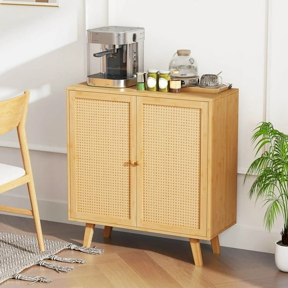 Auranook Bamboo Buffet Cabinet, Sideboard Storage Cabinet with PE Rattan Doors, Freestanding Kitchen Cupboard, Natural