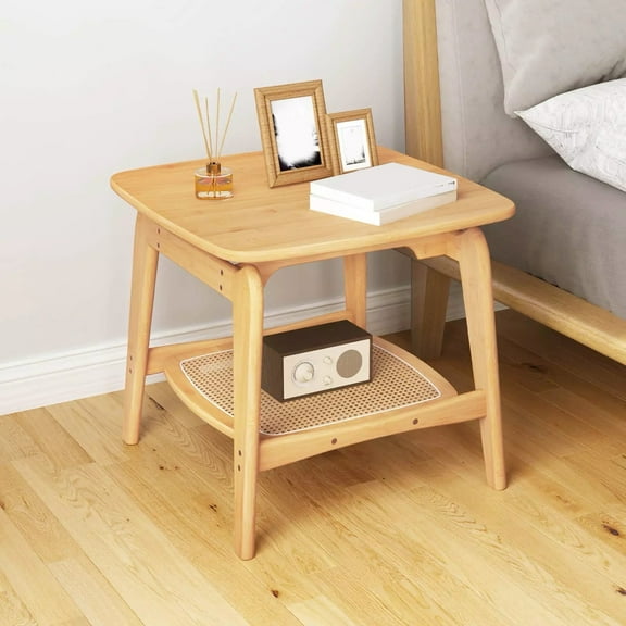 Auranook Bamboo Sofa Side Table w/ Faux Rattan Storage Shelf Boho End Table Living Room