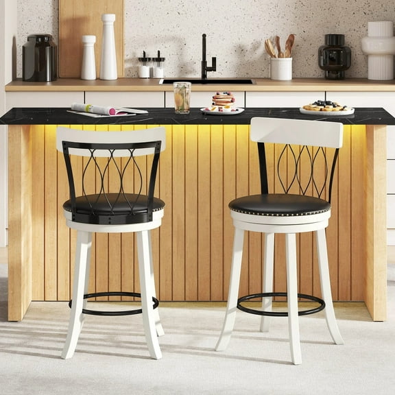 Auranook Bar Stools Set of 2, 26" Seat Height Swivel Barstools with Ergonomic Backrest, Soft Cushion & Footrest, Rubber Wood Counter Height Bar Chairs