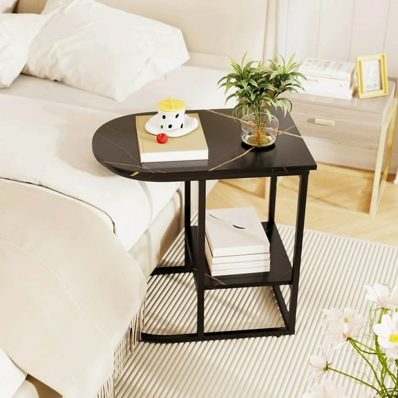 Auranook C-Shaped Side Table Compact 2-tier Storage End Table for Small Space Black