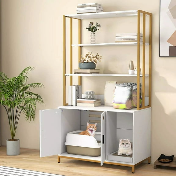 Auranook Cat Litter Box Enclosure with Storage, 61" Large 2-in-1 Hidden Cat Washroom Furniture with 3-tier Shelves, Scratching Pad, Side Entrance