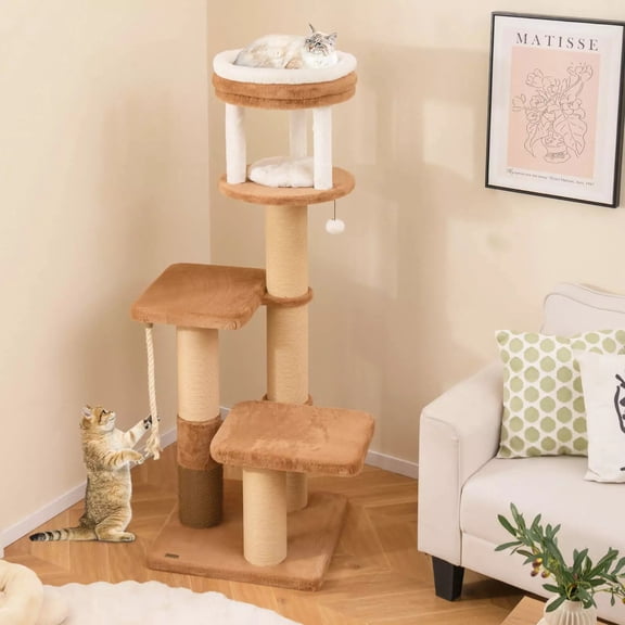 Auranook Cat Tree for Indoor Cats, 65" Tall Kitty Tower with Self-groomer, Padded Perch, Removable Cat Bed, Jumping Platforms, Sisal Rope, Dangling Ball