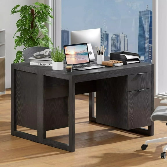 Auranook Computer Desk w/ Storage Cabinet, Study Writing Desk w/ Pull-out Drawer, Stable Thick Legs, PC Workstation Desk, Modern Simple Style Desk