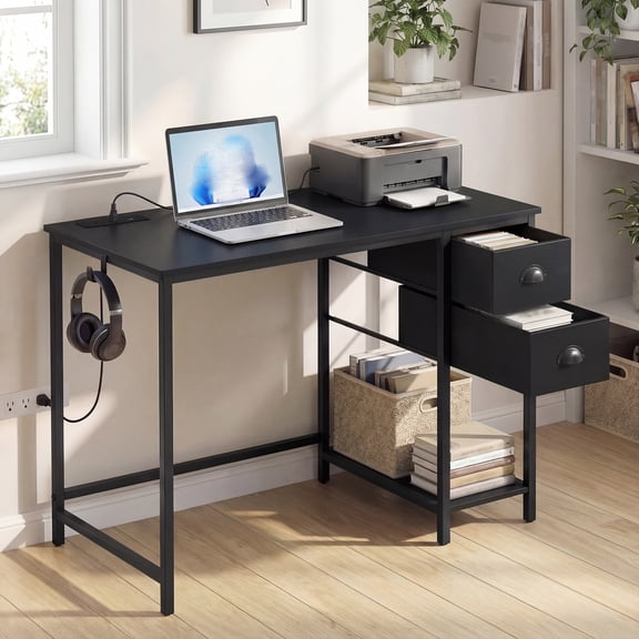 Auranook Computer Desk with Charging Station, 38" Home Office Desk with 2 Fabric Drawers, Storage Shelf & Headphone Hook